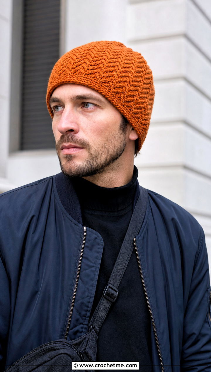 Herringbone Crochet Beanie With Bomber Jacket - 30 crochet man beanie outfit ideas