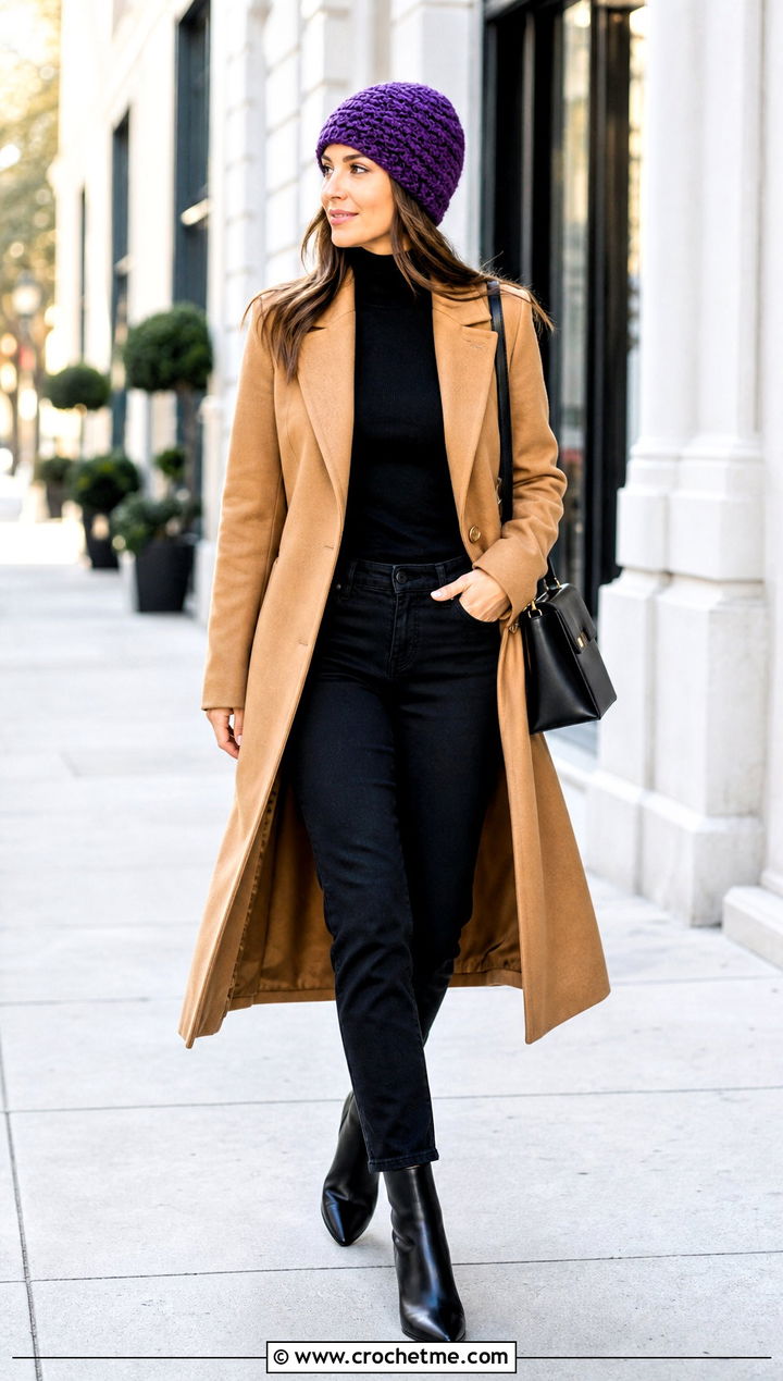 Herringbone Crochet Beanie With Camel Coat And Black Jeans - 35 crocheted beanies outfit ideas