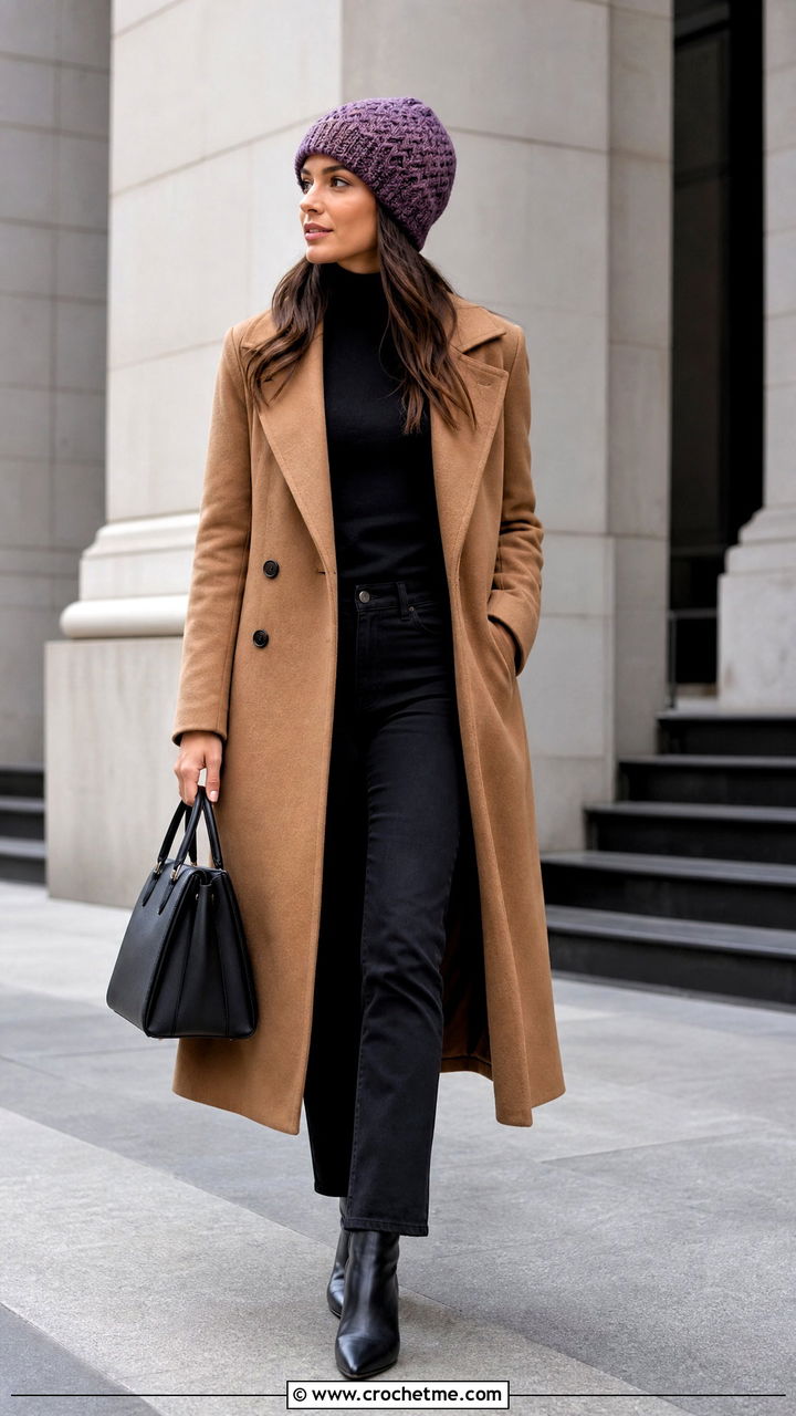 Herringbone Crochet Beanie With Camel Coat And Black Jeans - 35 crochet beanie hat outfit ideas