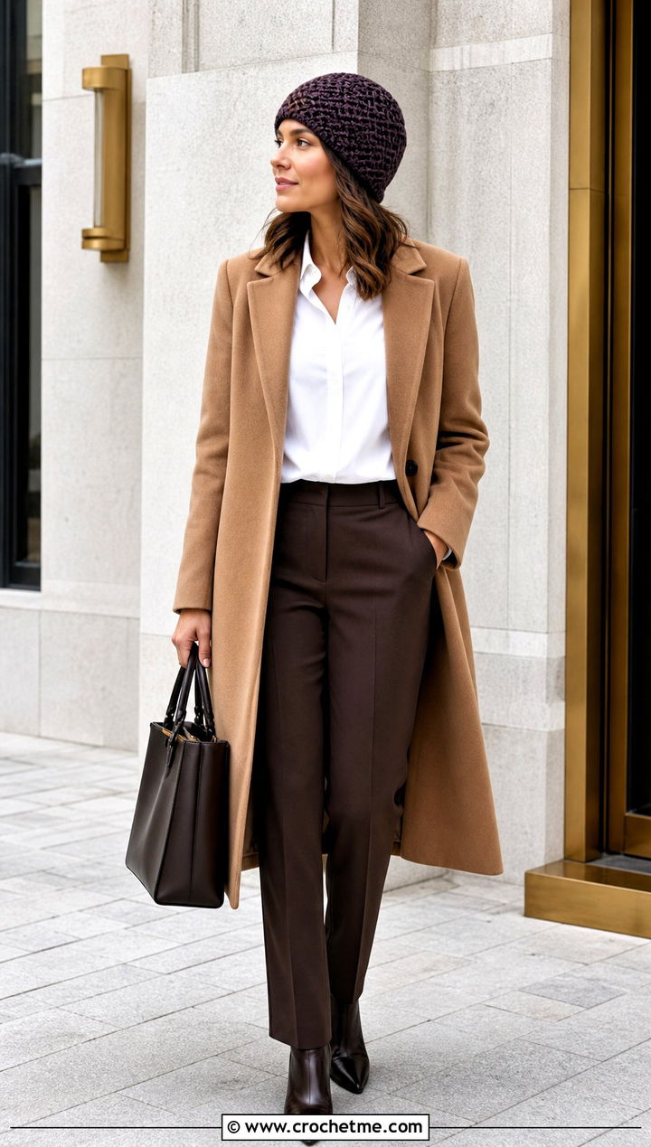 Herringbone Crochet Beanie With Camel Coat - 35 cute crochet beanie outfit ideas