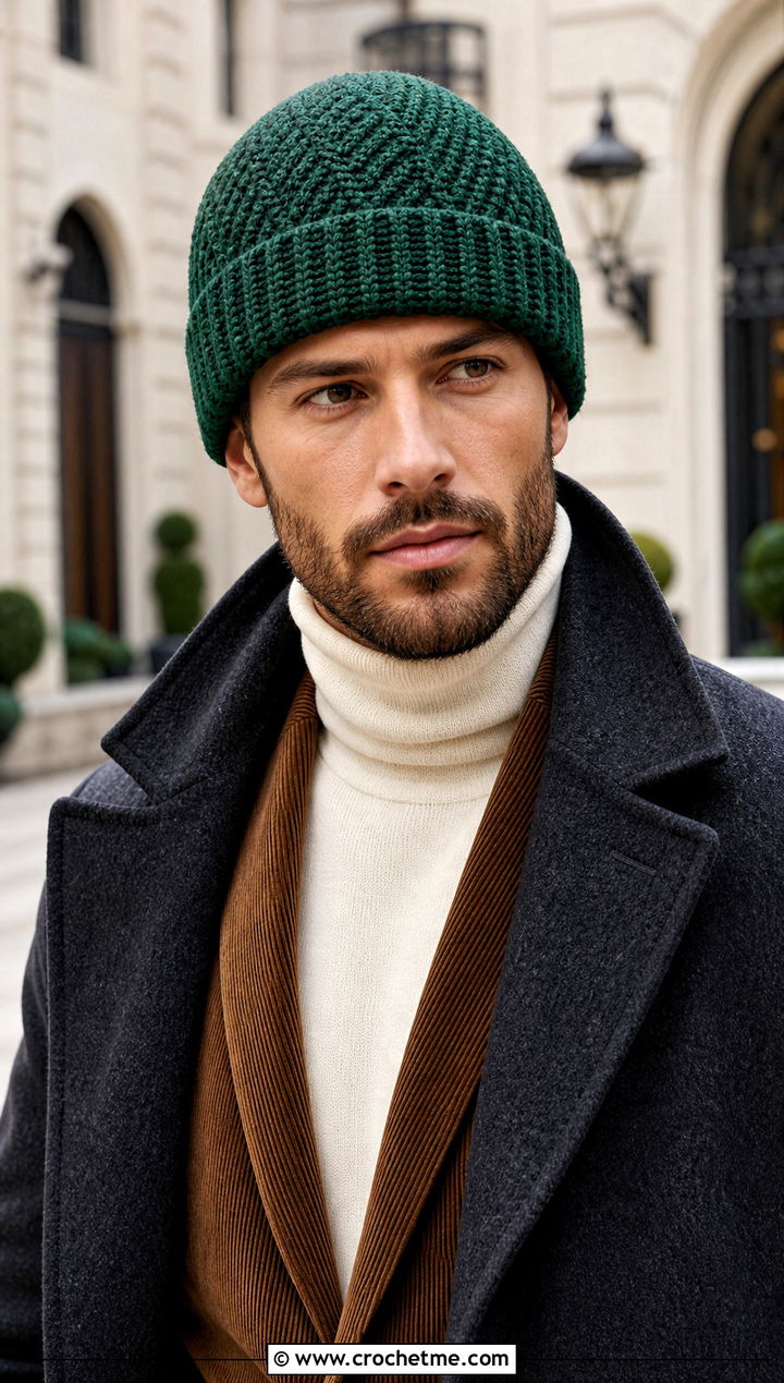 Herringbone Crochet Beanie With Corduroy Blazer - 25 Crochet Mens Winter Hat outfit ideas