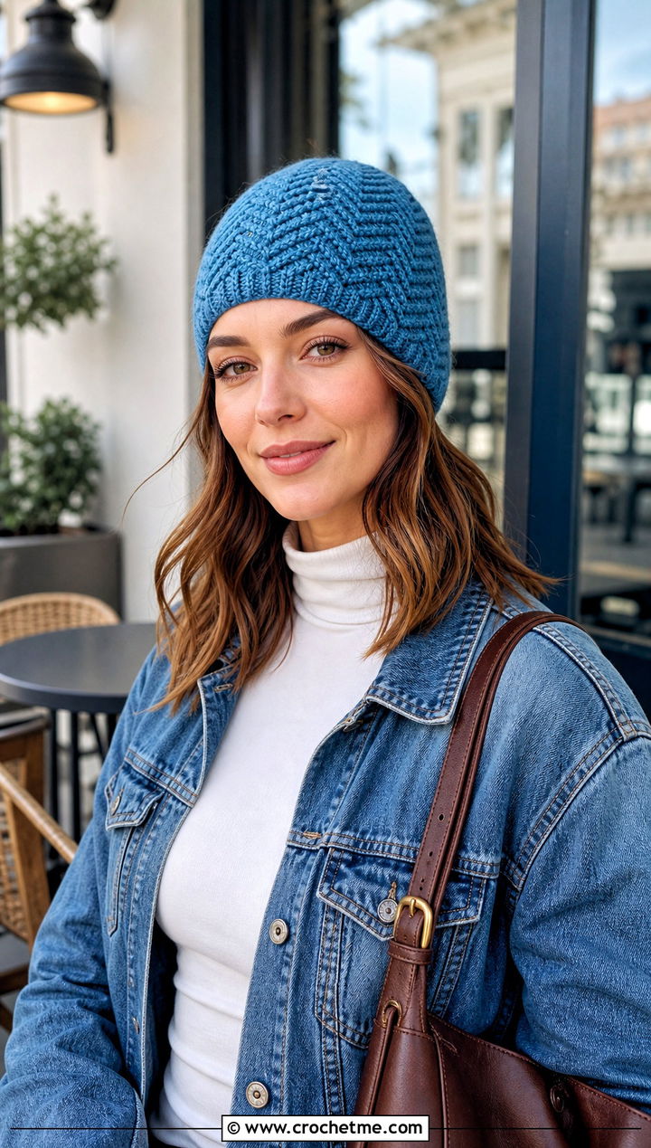 Herringbone Crochet Beanie With Denim Jacket - 30 knit look crochet beanie outfit ideas