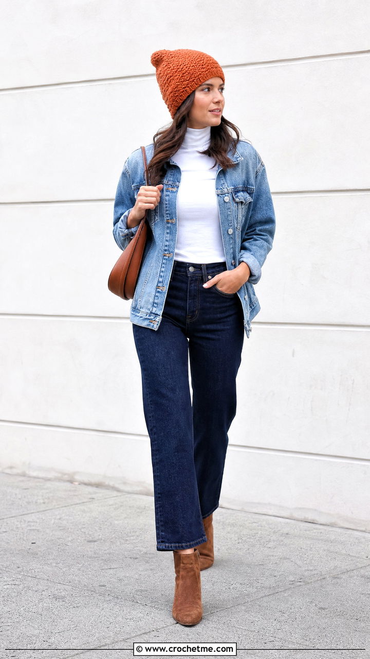 Herringbone Crochet Beanie With Double Denim - 35 crochet beanies outfit ideas