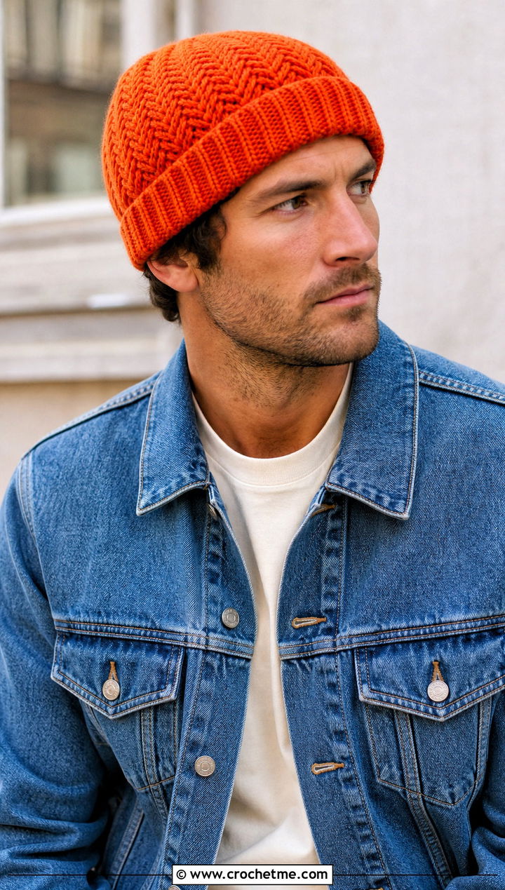 Herringbone Crochet Beanie With Double Denim - 30 mens crochet hats men's beanie outfit ideas