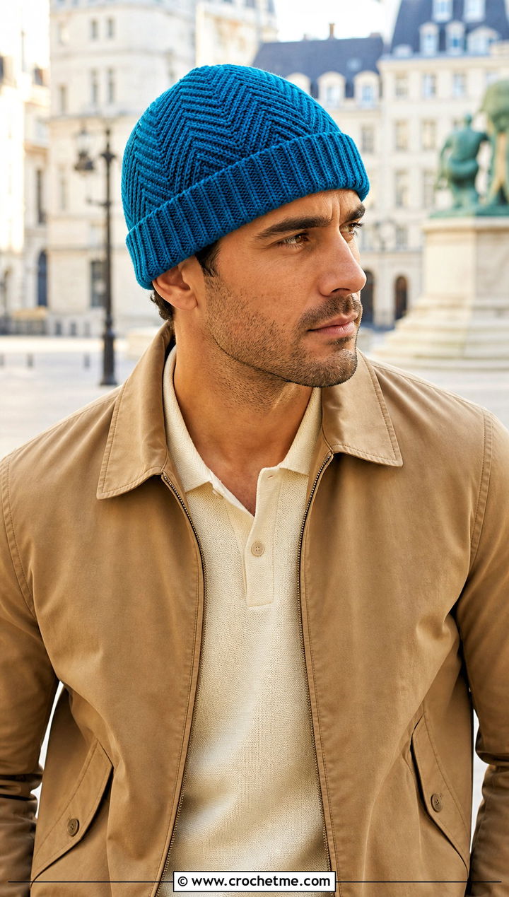 Herringbone Crochet Beanie With Harrington Jacket - 25 easy men's crochet beanie outfit ideas