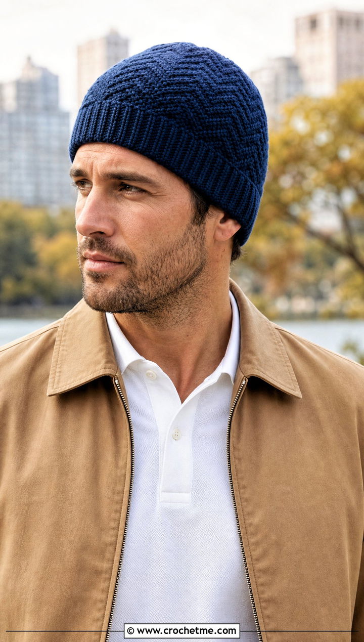 Herringbone Crochet Beanie With Harrington Jacket - 25 easy crochet beanie for men outfit ideas