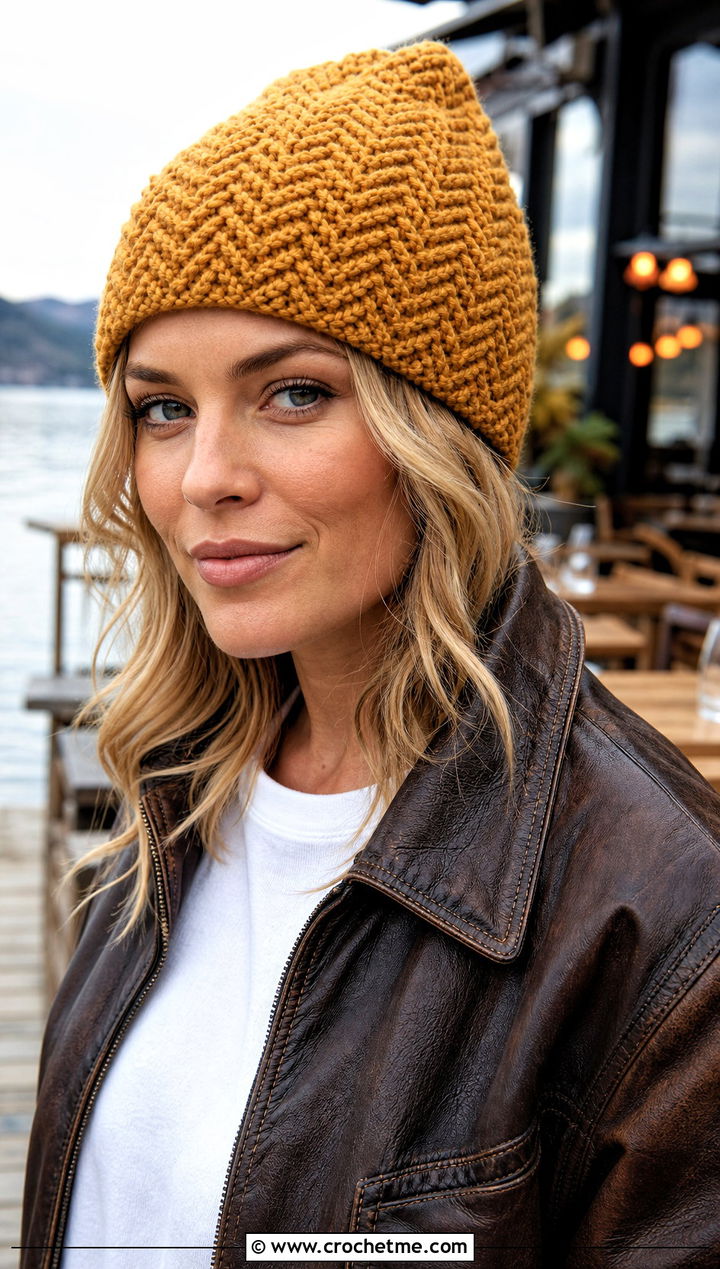 Herringbone Crochet Beanie With Leather Jacket - 25 lakeside crochet beanie outfit ideas