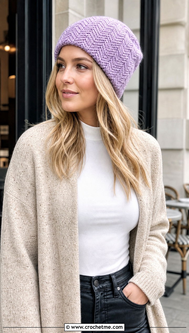 Herringbone Crochet Beanie With Long Cardigan - 30 crochet beanies for women outfit ideas