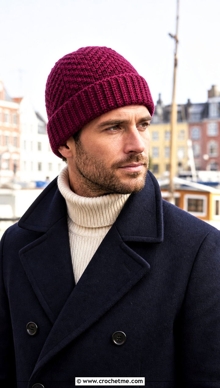 Herringbone Crochet Beanie With Peacoat - 25 Easy Mens Crochet Beanie outfit ideas