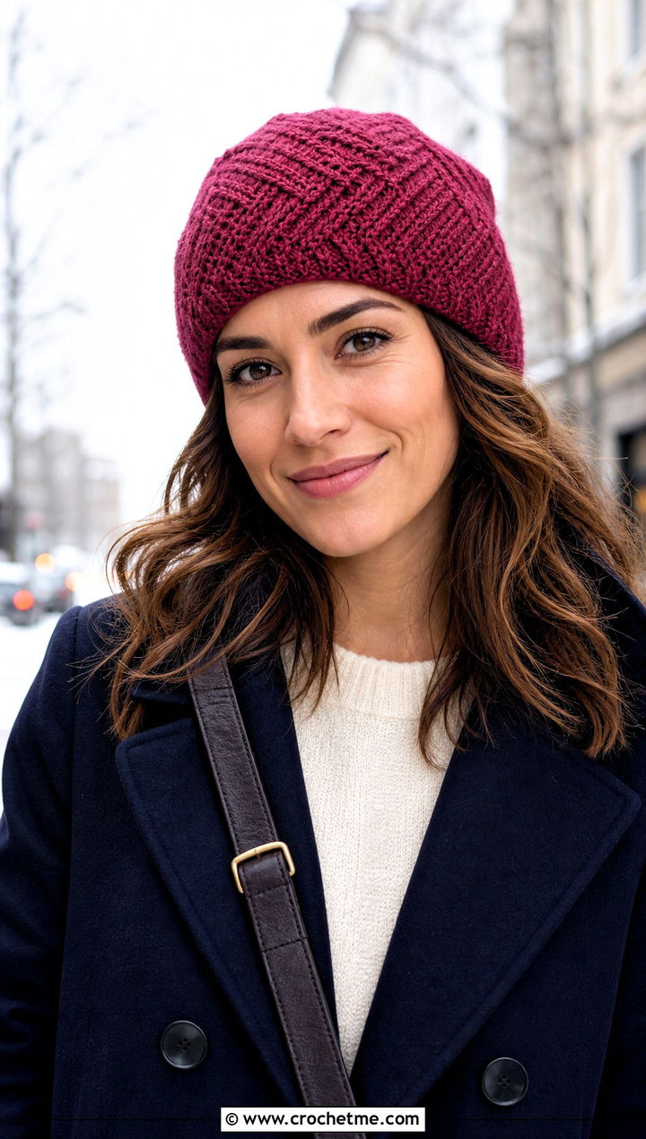 Herringbone Crochet Beanie With Peacoat And Straight Jeans - 25 Fast Crochet Beanie outfit ideas