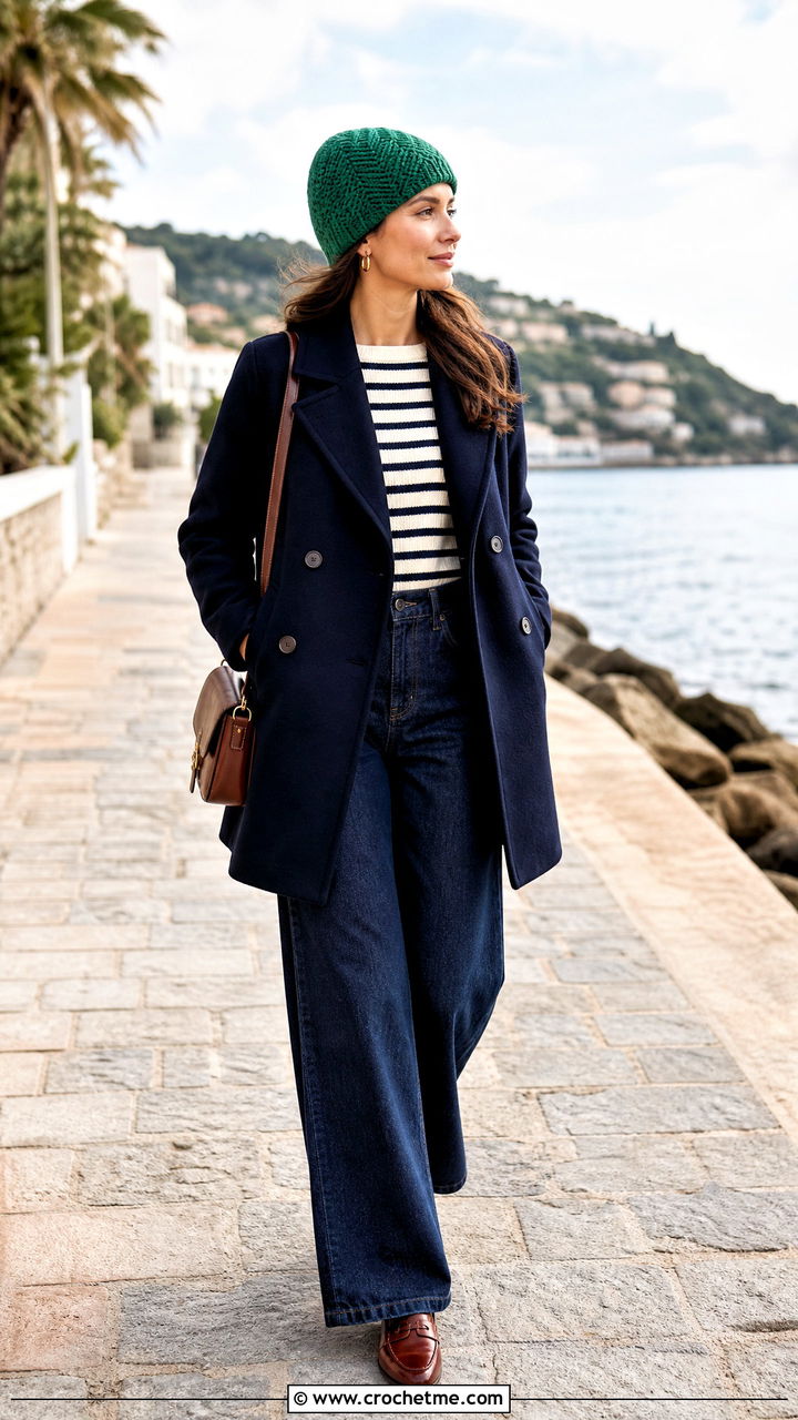 Herringbone Crochet Beanie With Peacoat - 35 aesthetic crochet beanie outfit ideas