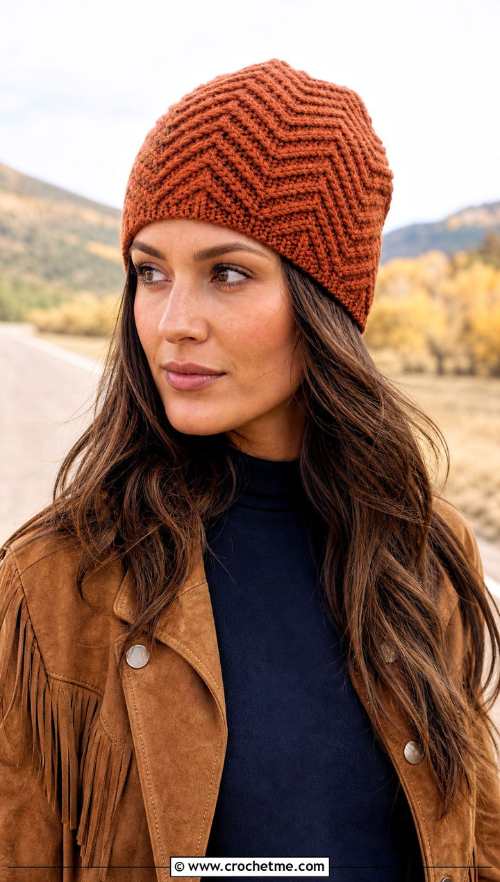 Herringbone Crochet Beanie With Suede Jacket - 25 Fall Crochet Beanie outfit ideas