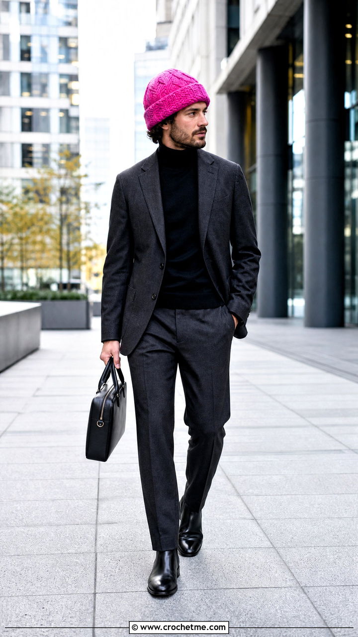 Herringbone Crochet Beanie With Suit And Turtleneck - 35 crochet hat for men outfit ideas