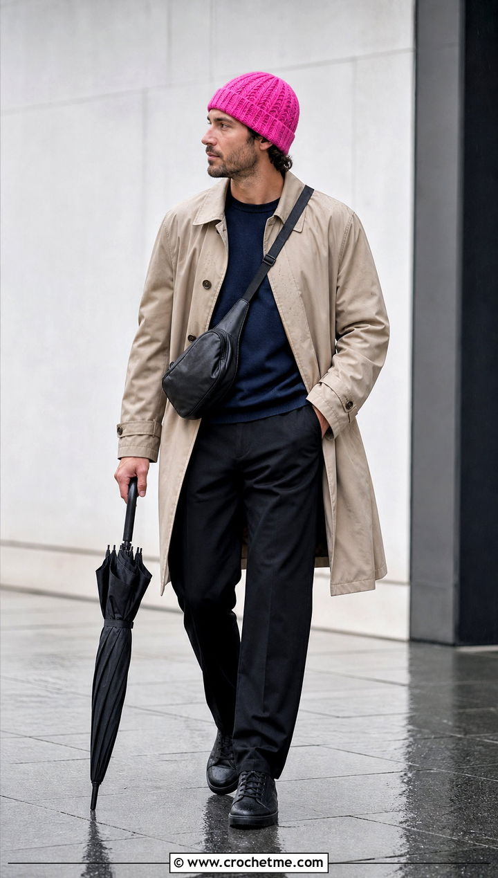 Herringbone Crochet Beanie With Trench Coat - 35 mens crochet beanie outfit ideas