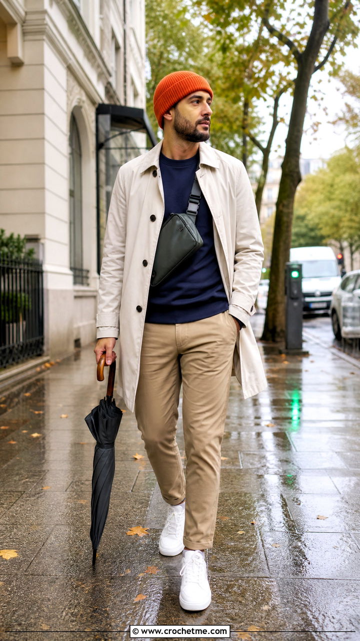 Herringbone Crochet Beanie With Trench Coat - 35 men's crochet beanie outfit ideas