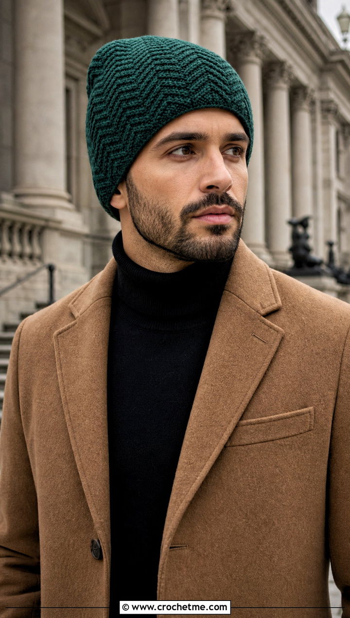 Herringbone Crochet Beanie With Turtleneck - 25 crochet for men's beanies outfit ideas