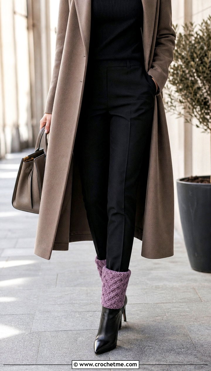 Herringbone Crochet Boot Cuffs With Tailored Coat - 35 crochet boot cuffs outfit ideas
