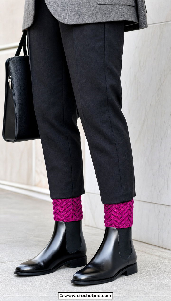 Herringbone Crochet Boot Cuffs With Trousers and Chelsea Boots - 30 crochet boot cuff outfit ideas
