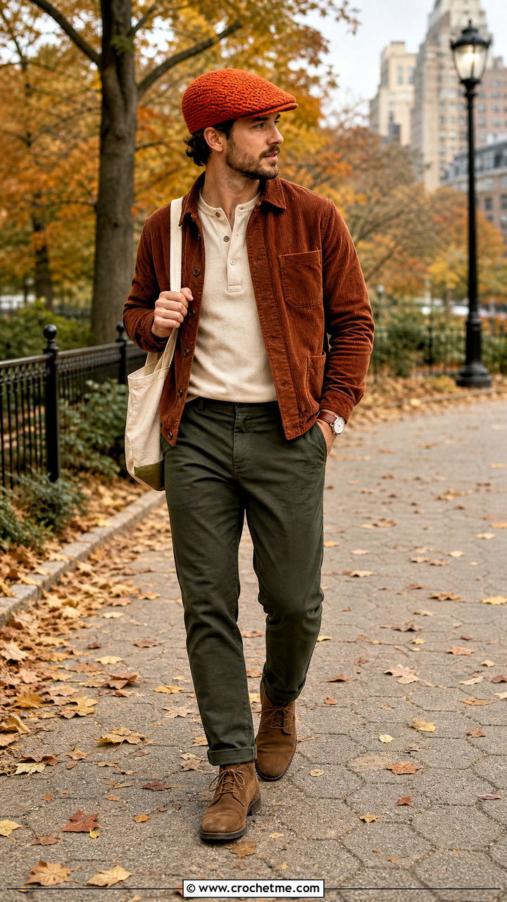 Herringbone Crochet Cap With Corduroy Jacket - 35 crochet cap for men outfit ideas
