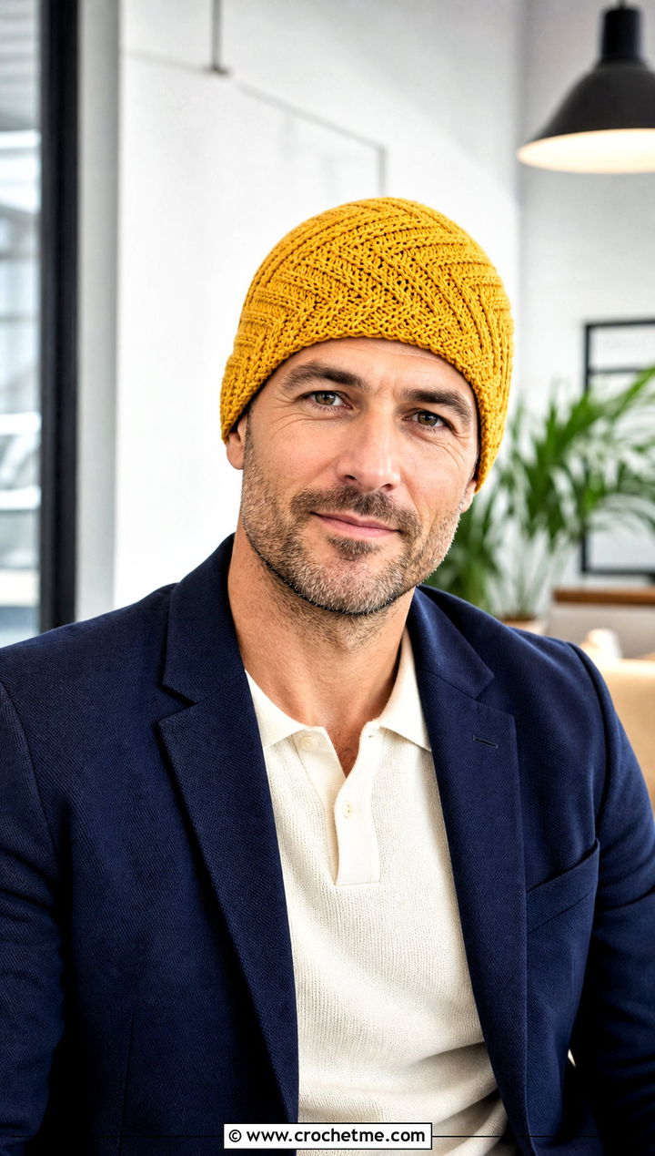 Herringbone Crochet Chemo Cap With Blazer - 25 Crochet Chemo Caps For Men outfit ideas