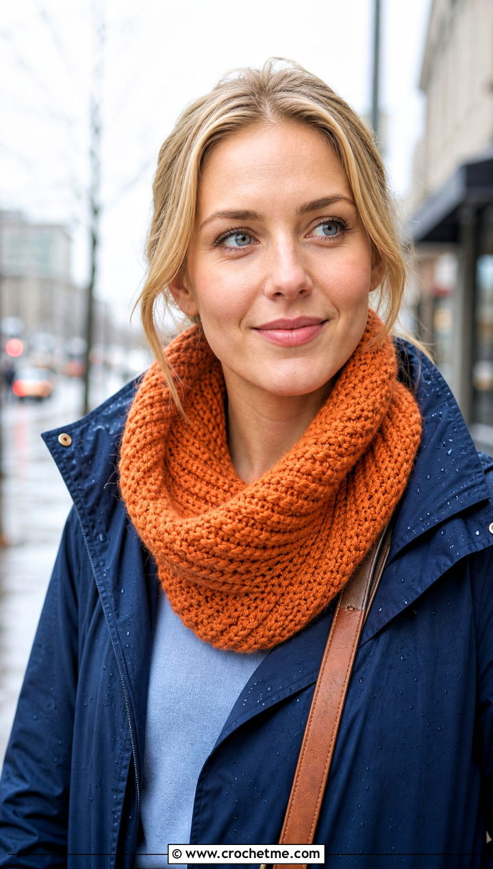 Herringbone Crochet Cowl Scarf With Raincoat And Trousers - 15 Herringbone Crochet Scarf outfit ideas