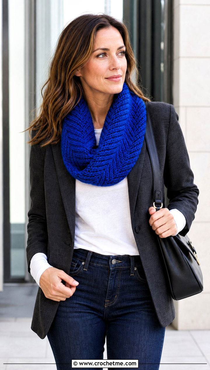 Herringbone Crochet Cowl With Blazer And Dark Denim - 35 crochet neck warmer cowls outfit ideas