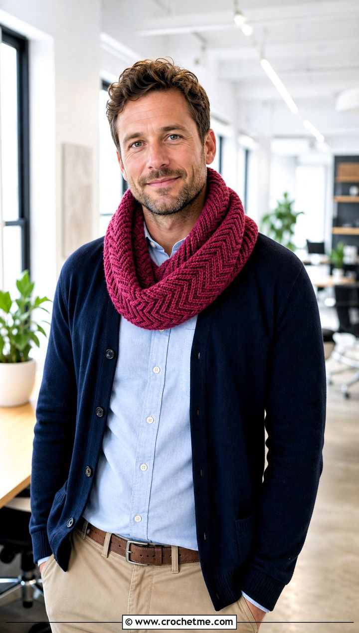 Herringbone Crochet Cowl With Business Casual Outfit - 30 crochet cowl for men outfit ideas