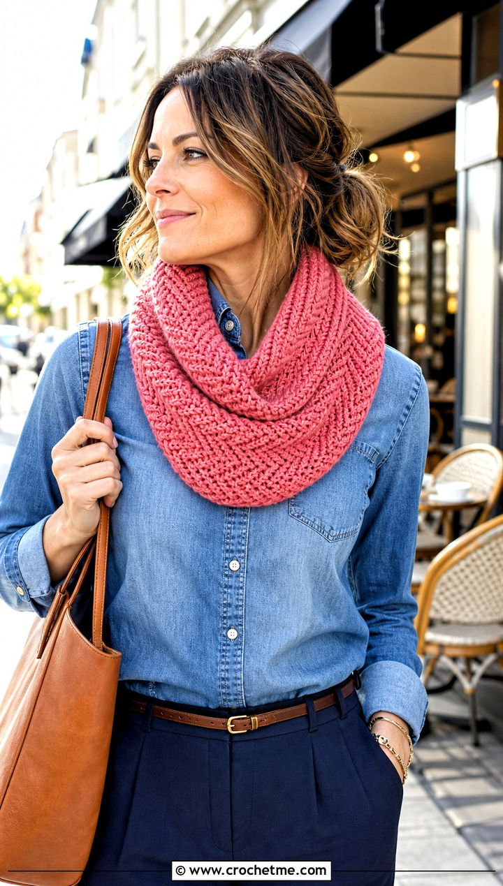 Herringbone Crochet Cowl With Denim Shirt - 20 Simple Crochet Cowl outfit ideas