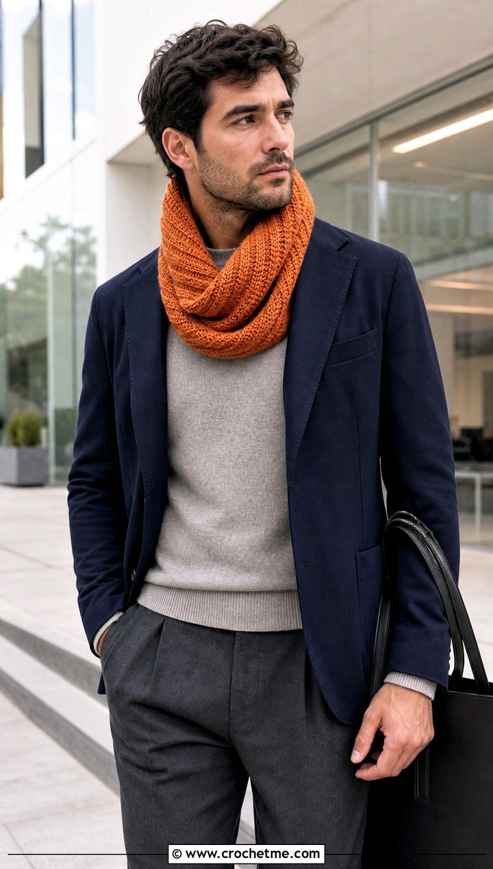 Herringbone Crochet Cowl With Tailored Blazer - 25 Men Crochet Cowl outfit ideas