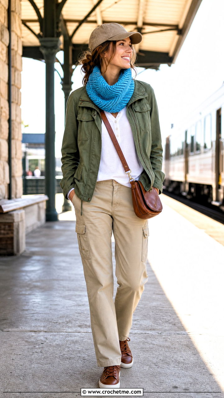Herringbone Crochet Cowl With Utility Jacket - 35 crochet cowl outfit ideas