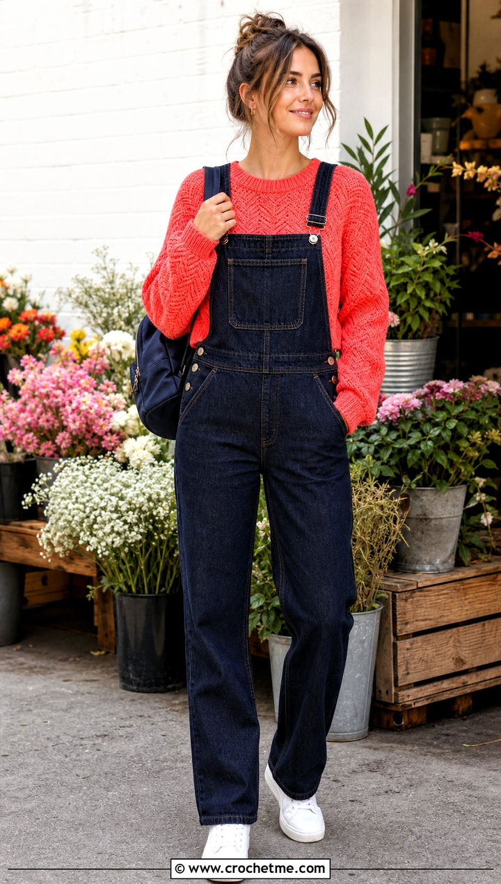 Herringbone Crochet Cropped Jumper With Denim Overalls - 30 crochet cropped jumper outfit ideas