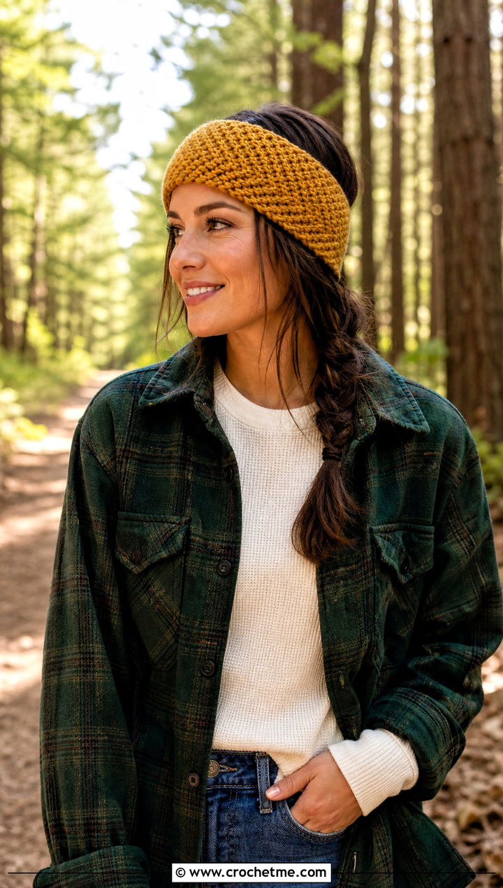 Herringbone Crochet Ear Warmer With Flannel Shacket - 20 Crochet Headband Ear Warmers outfit ideas
