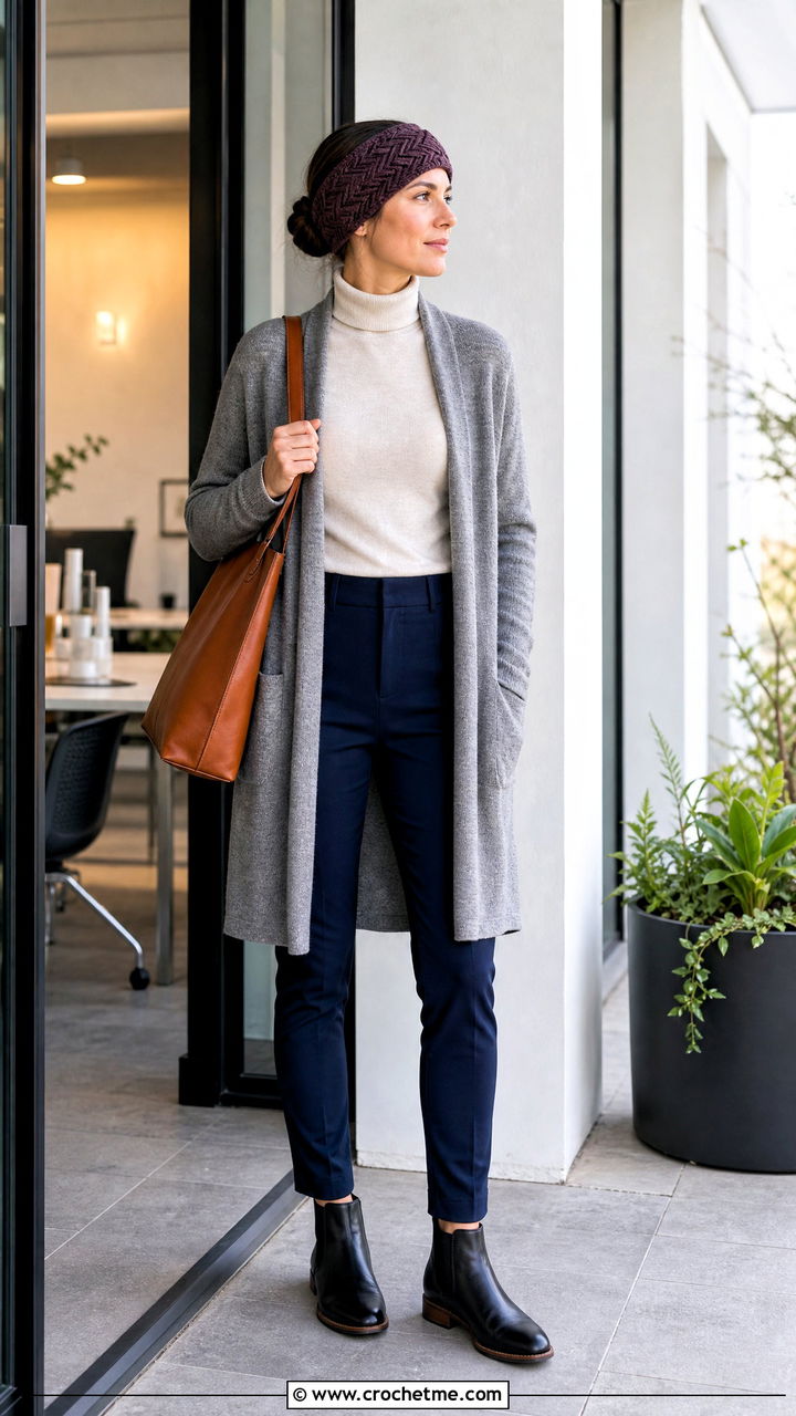 Herringbone Crochet Ear Warmer With Long Cardigan - 35 crochet ear warmers outfit ideas