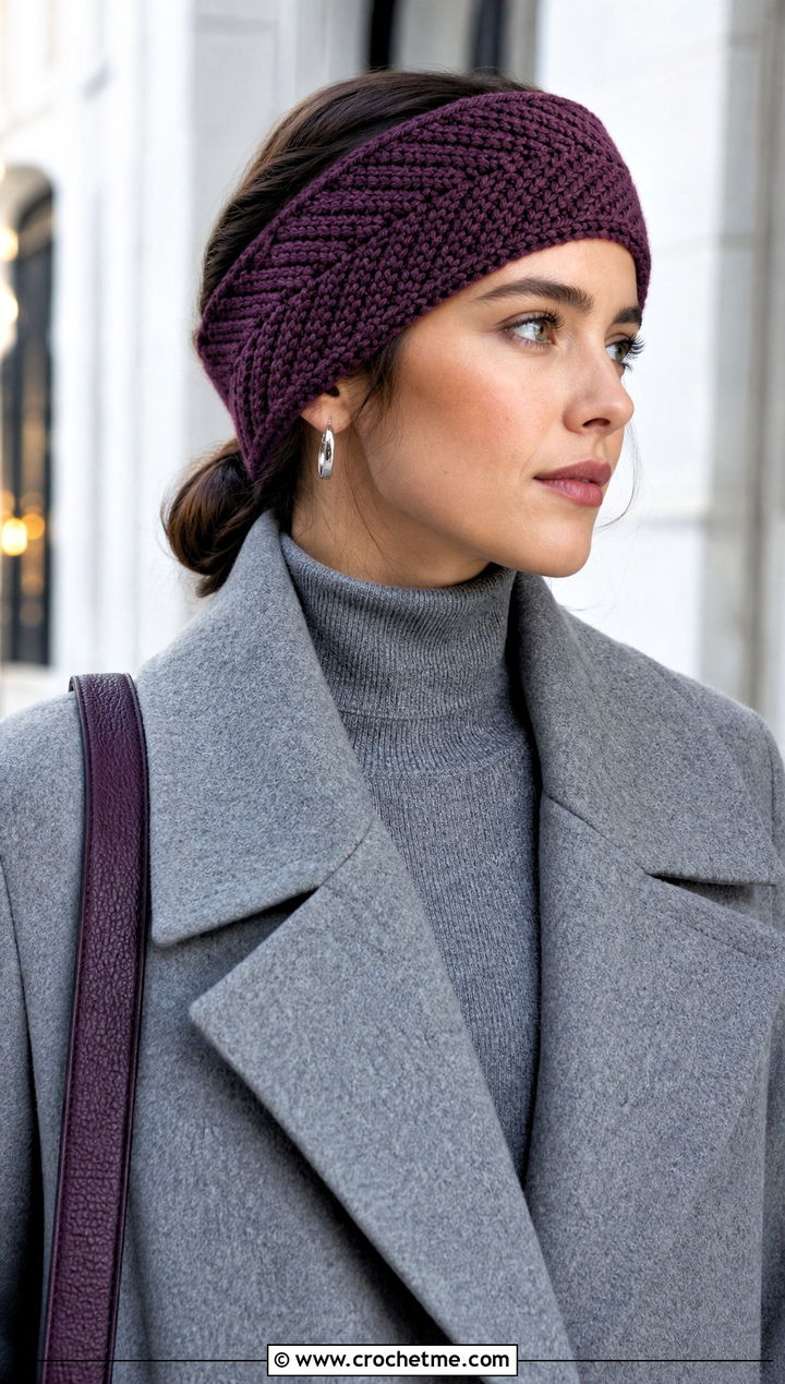 Herringbone Crochet Ear Warmer With Monochrome Outfit - 25 Beginner Crochet Ear Warmer outfit ideas