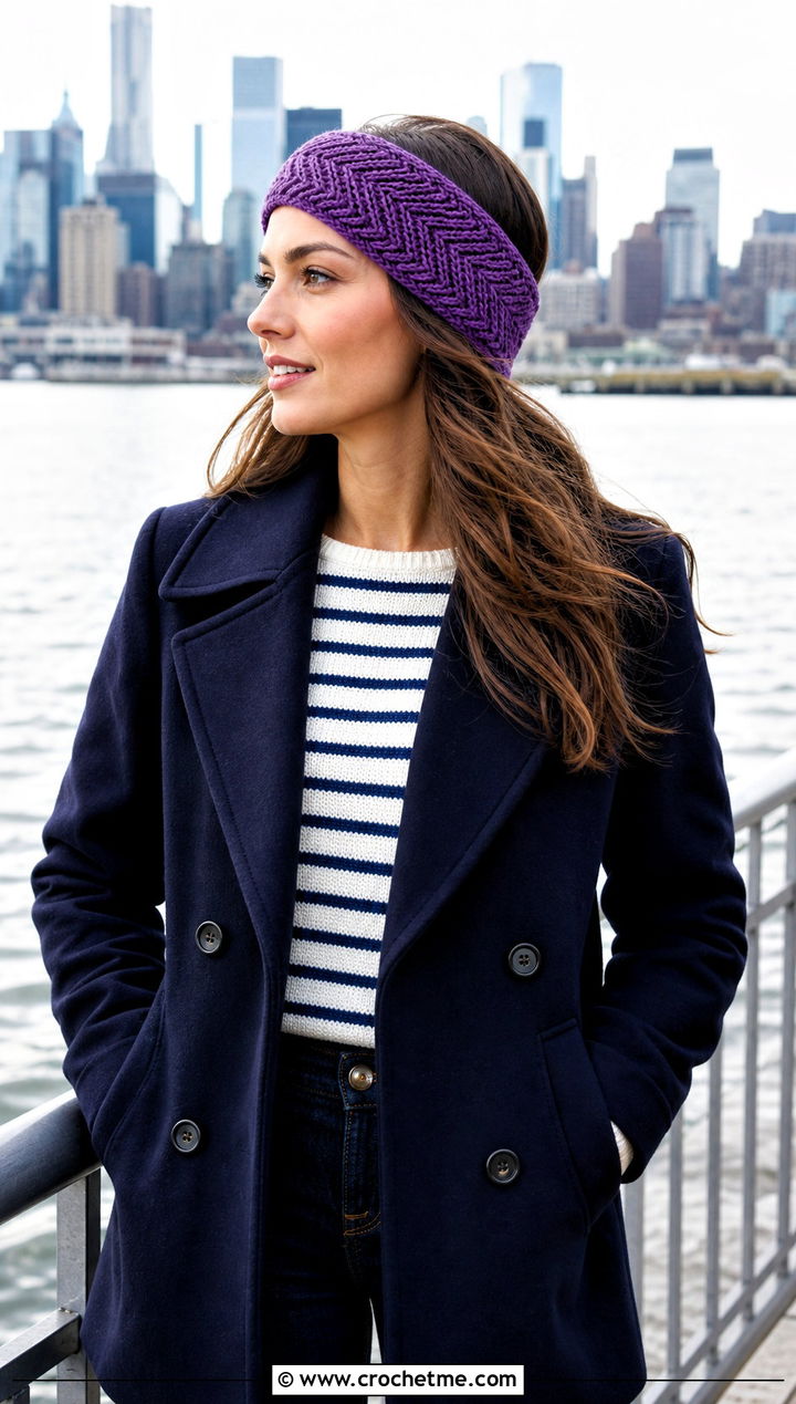 Herringbone Crochet Ear Warmer With Peacoat and Flared Jeans - 25 Simple Crochet Ear Warmer outfit ideas