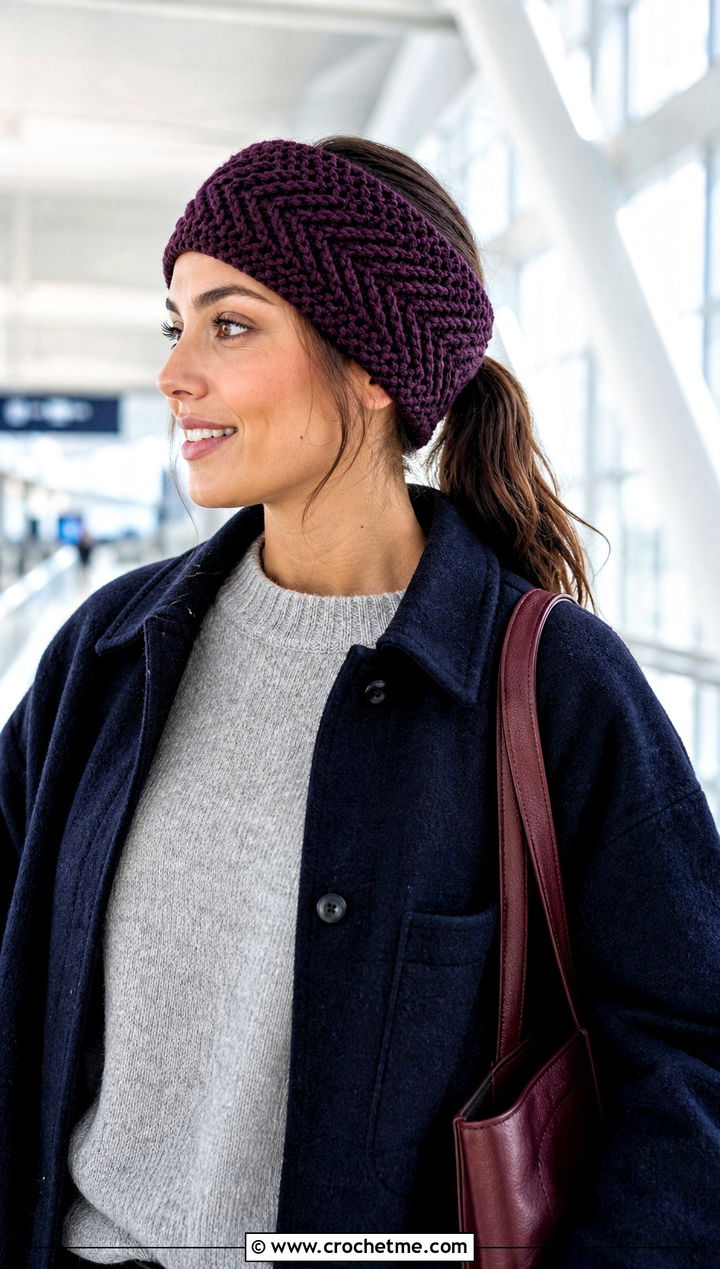 Herringbone Crochet Ear Warmer With Travel Outfit - 25 Easy Crocheted Headbands Ear Warmers outfit ideas