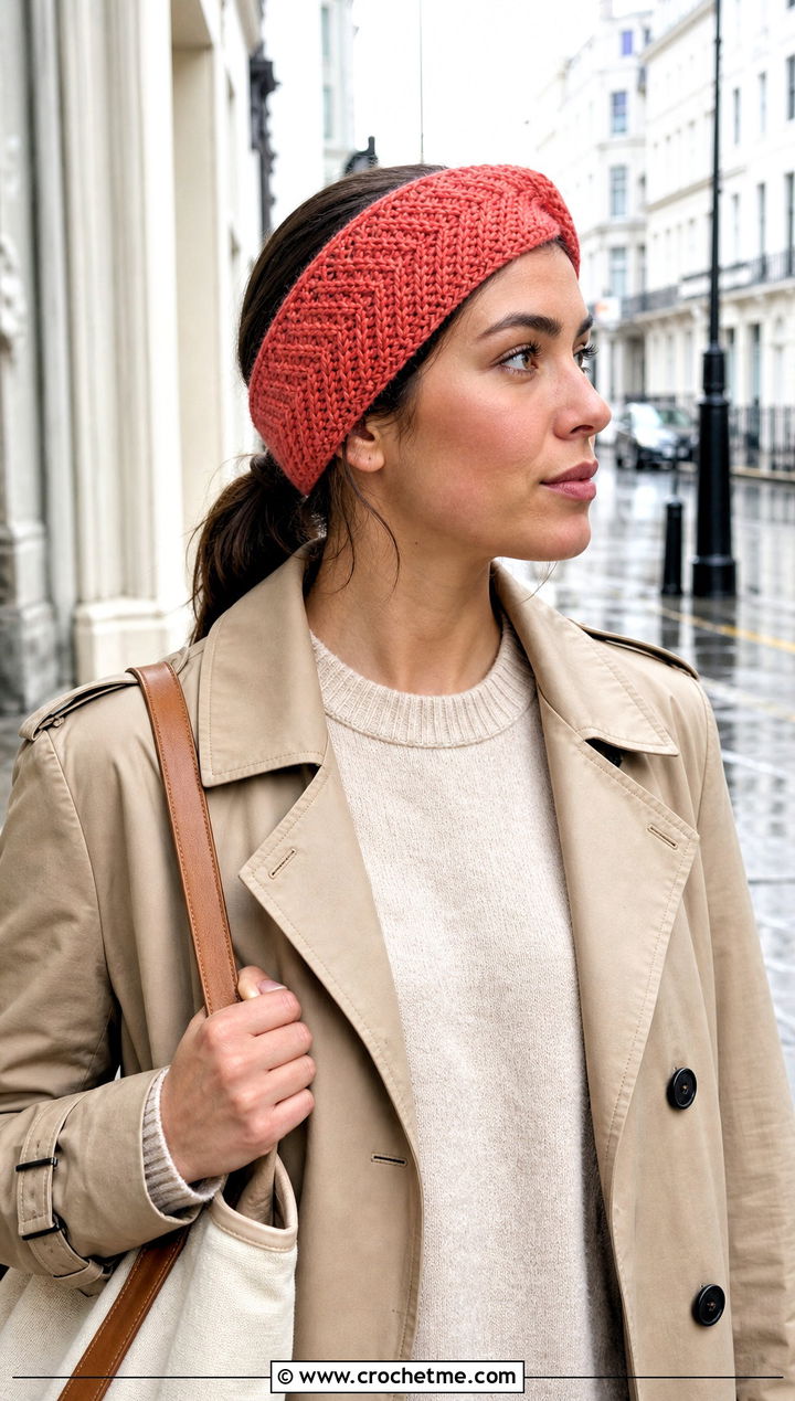 Herringbone Crochet Ear Warmer With Trench Coat - 25 Quick Crochet Ear Warmer outfit ideas