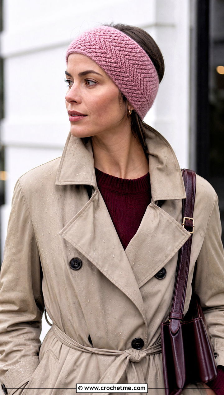 Herringbone Crochet Ear Warmer With Trench Coat - 25 Diy Crochet Headband Ear Warmers outfit ideas