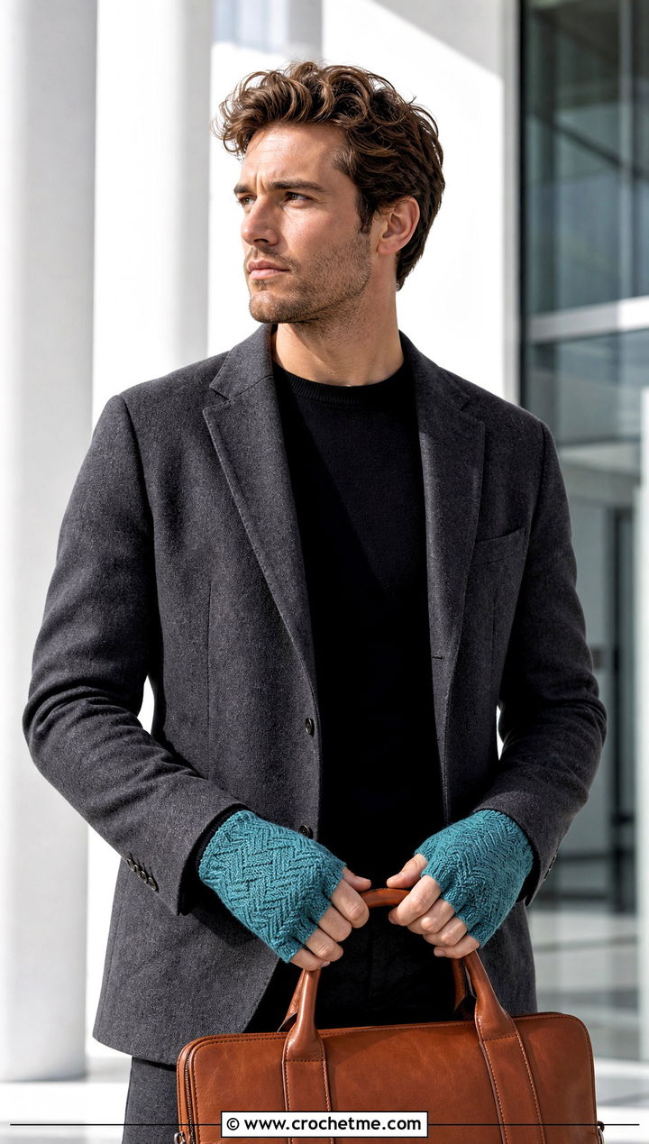 Herringbone Crochet Fingerless Gloves With Blazer - 25 Crochet Mens Fingerless Gloves outfit ideas