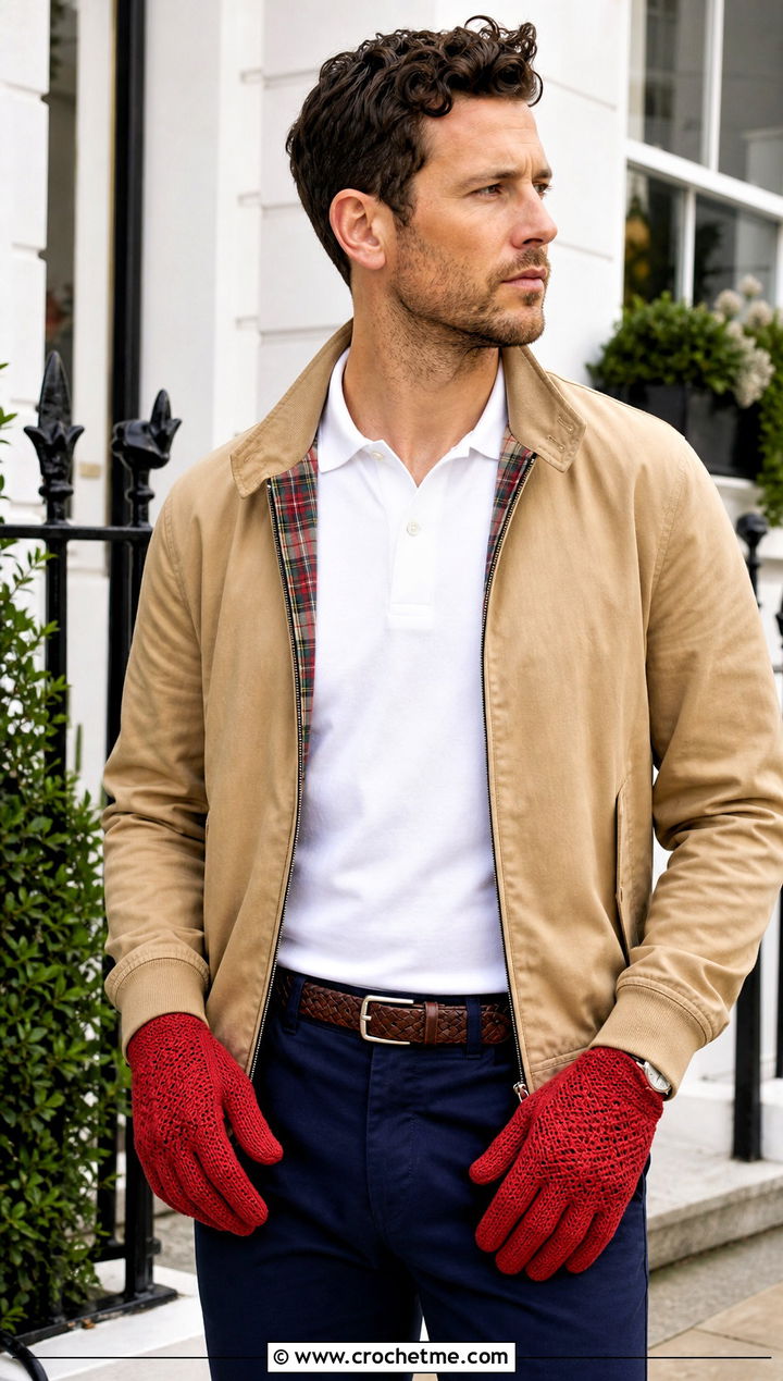 Herringbone Crochet Gloves With Harrington Jacket - 25 Crochet Mens Gloves outfit ideas