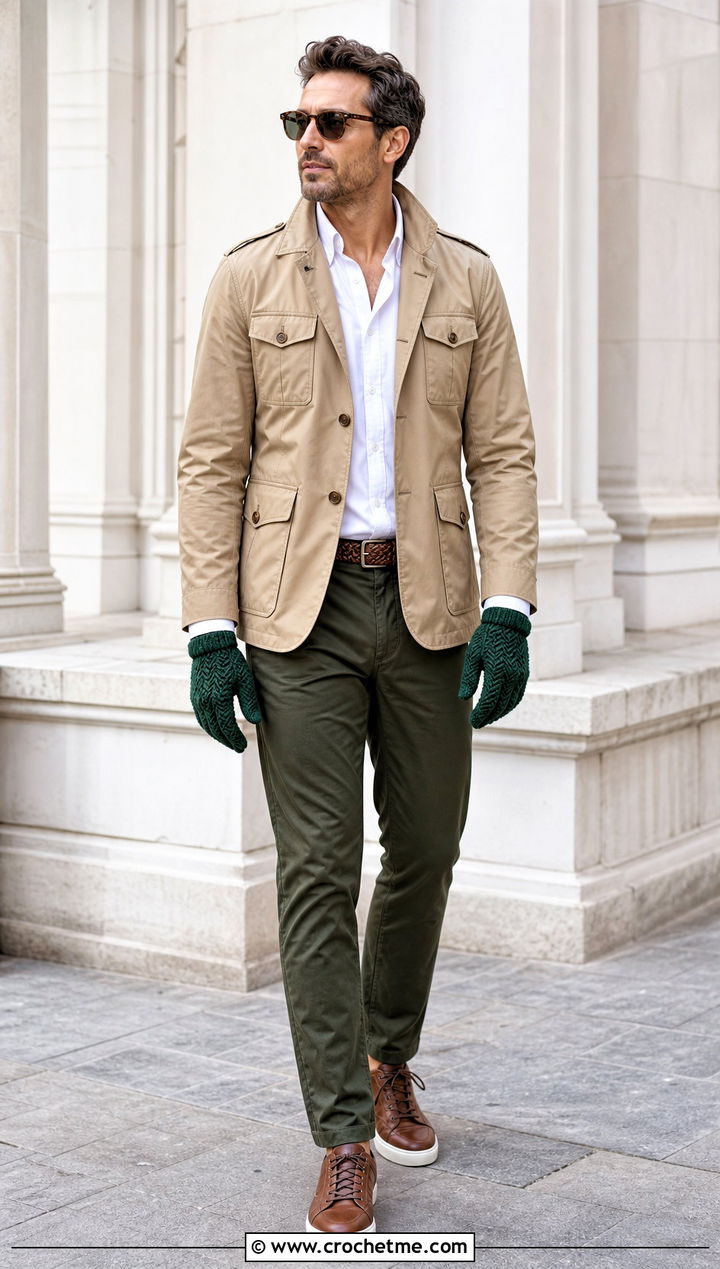 Herringbone Crochet Gloves With Safari Jacket - 35 men crochet gloves outfit ideas