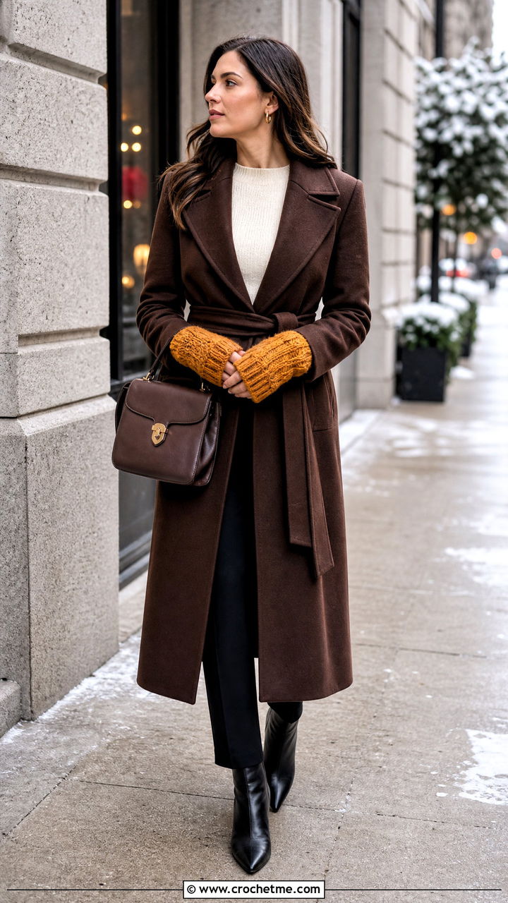 Herringbone Crochet Handwarmers With Wrap Coat - 35 Crochet Handwarmer outfit ideas