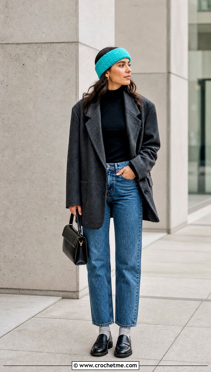 Herringbone Crochet Headband With Blazer And Jeans - 35 crochet winter headband outfit ideas