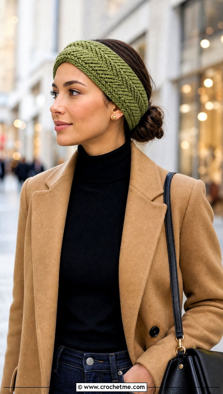 Herringbone Crochet Headband With Camel Coat - 30 chunky crochet headband outfit ideas