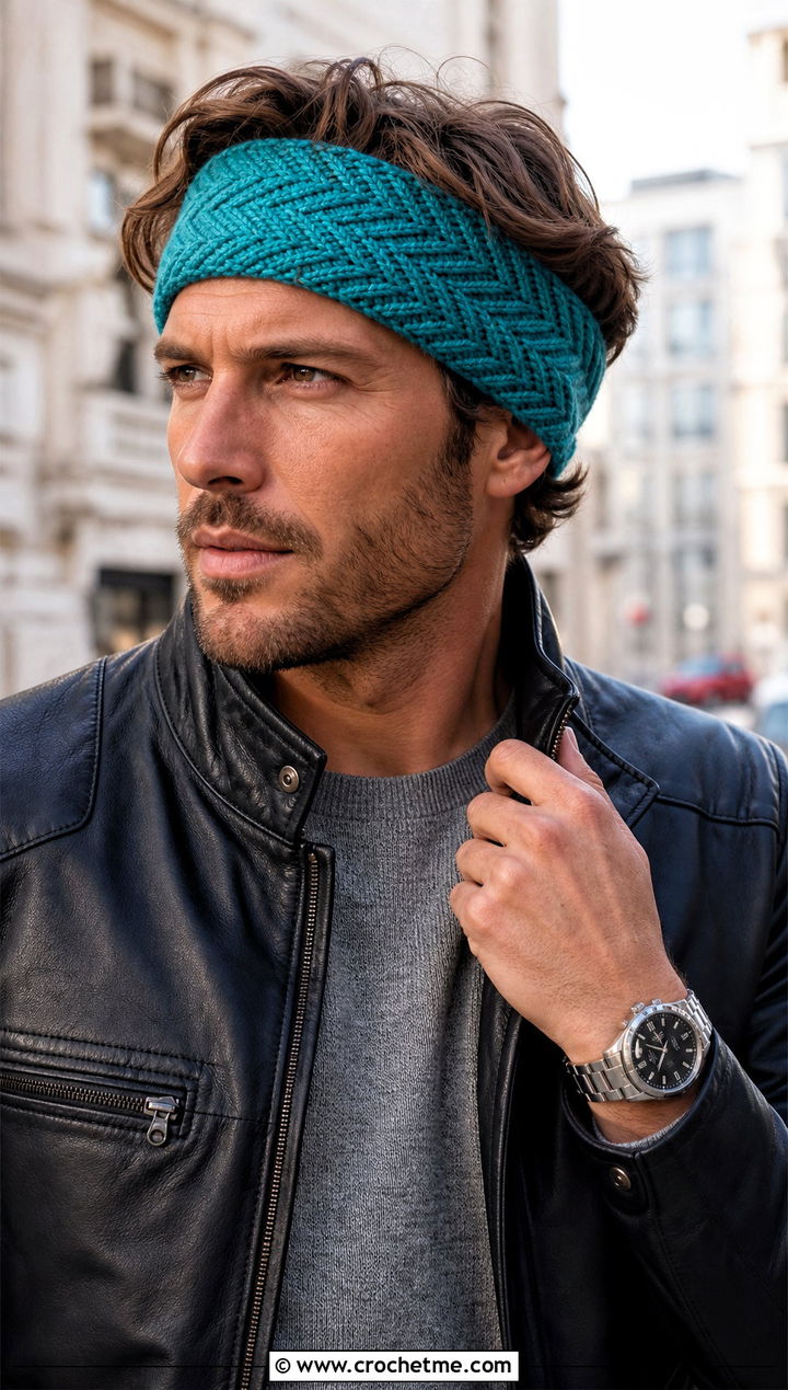 Herringbone Crochet Headband With Leather Jacket - 25 men's crochet headband outfit ideas
