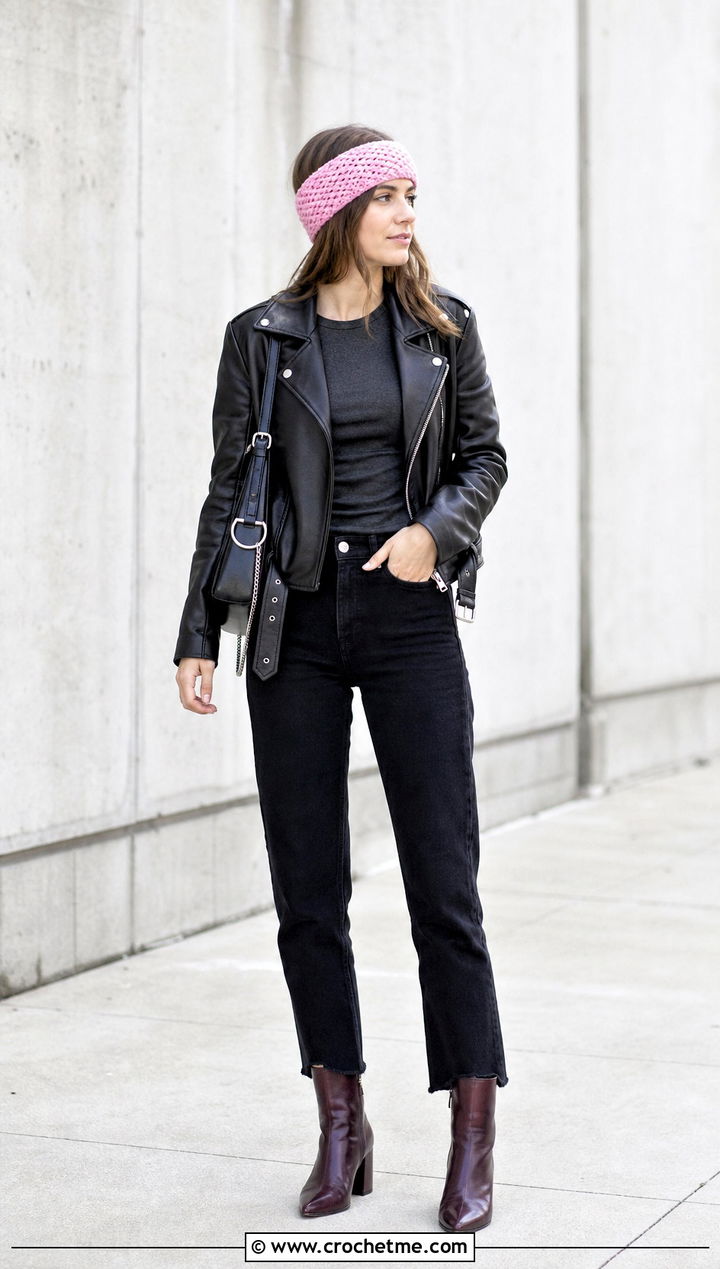 Herringbone Crochet Headband With Leather Jacket - 35 simple crochet headband outfit ideas