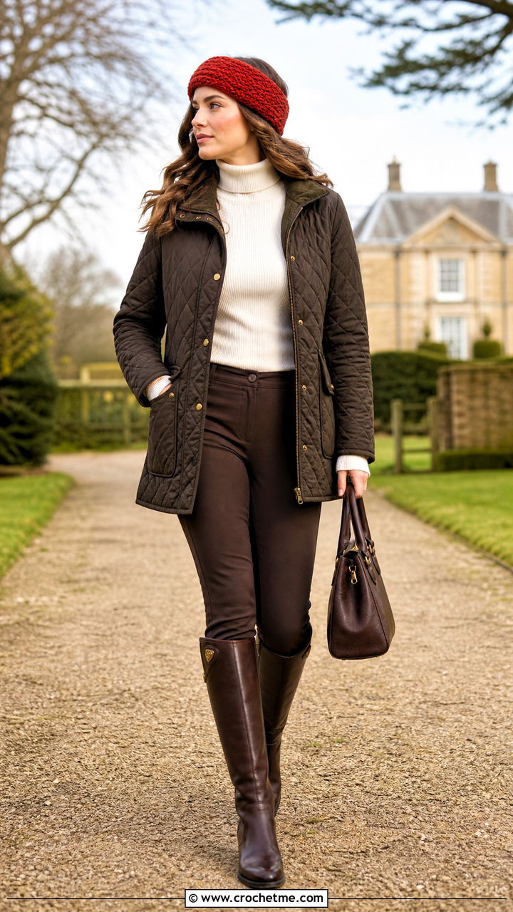 Herringbone Crochet Headband With Riding Boots - 35 crochet headbands outfit ideas