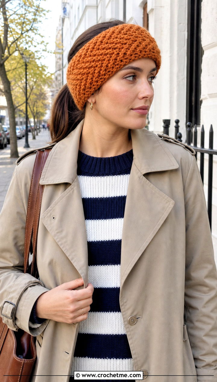 Herringbone Crochet Headband With Trench Coat - 15 wool ease thick and quick crochet headband outfit ideas