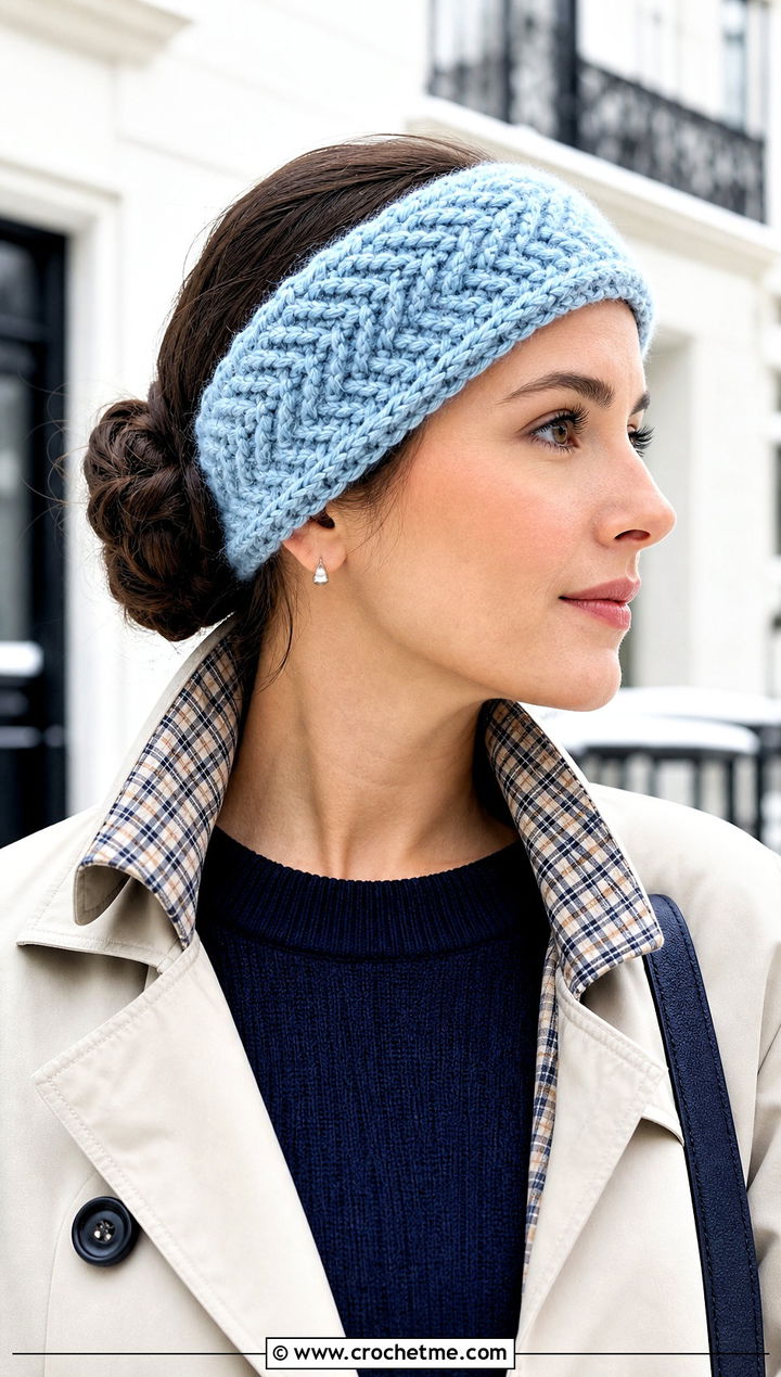 Herringbone Crochet Headband With Trench Coat - 25 Easy Crochet Winter Headband outfit ideas