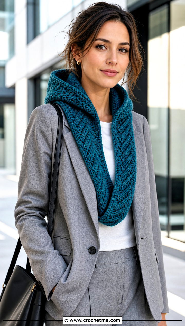 Herringbone Crochet Hooded Cowl With Matching Suit - 30 easy crochet hooded cowl outfit ideas